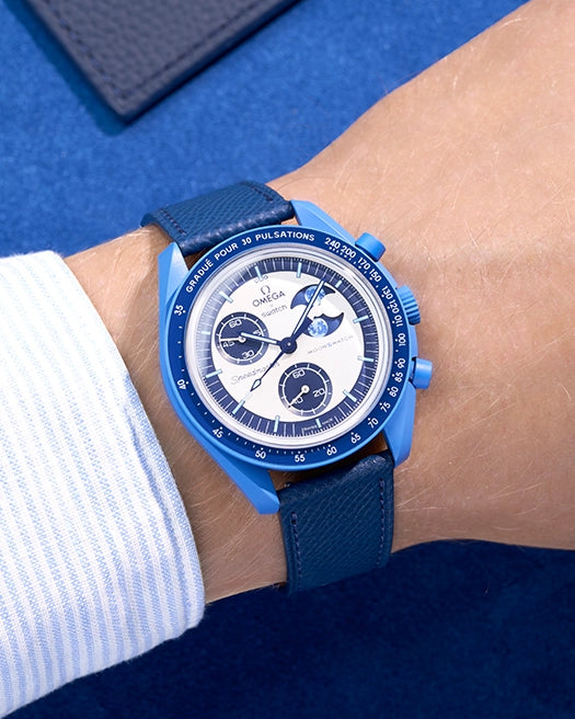 Omega X Swatch Mission to Super Blue Moonphase with Navy Blue Epsom leather strap worn on wrist