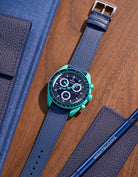 Flat lay of Navy Blue Epsom leather strap for Omega x Swatch MoonSwatch Mission on Earth Polar Lights
