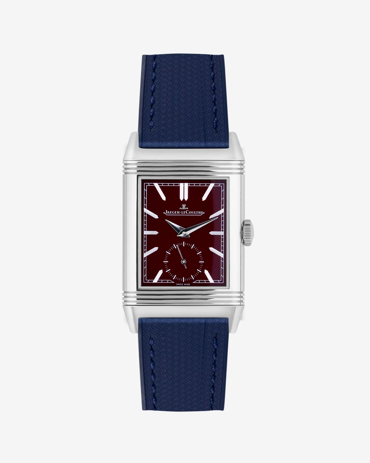 Navy blue FKM rubber strap mounted on Jaeger LeCoultre Reverso watch 20mm with polished buckle, front-facing image