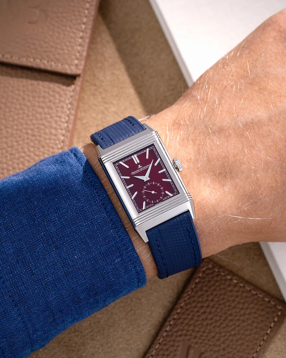 Navy blue FKM rubber strap for Jaeger LeCoultre Reverso 20mm shown on wrist with polished buckle