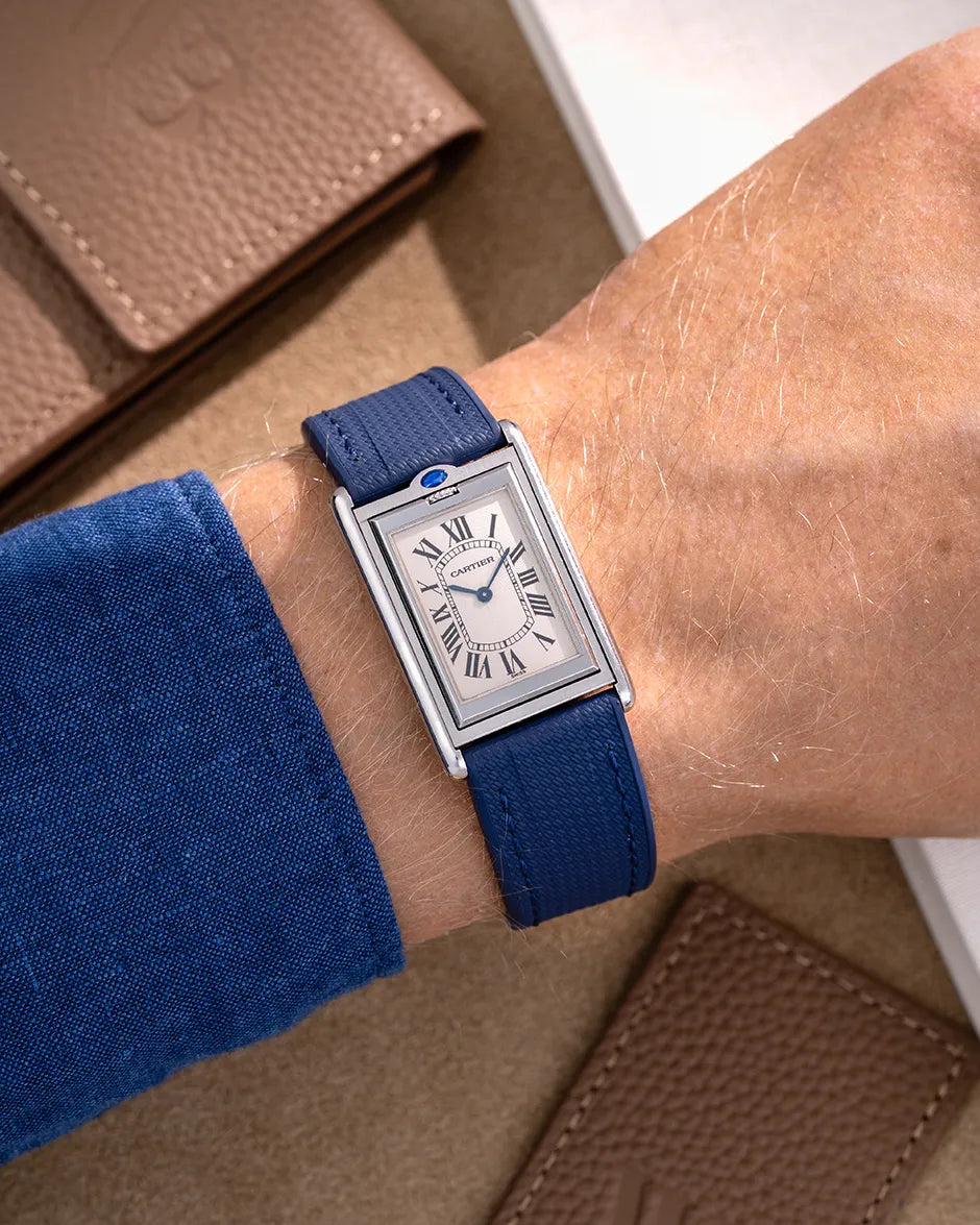 Wrist shot of Cartier Basculante with navy blue rubber strap 20mm – fitted with stainless steel clasp