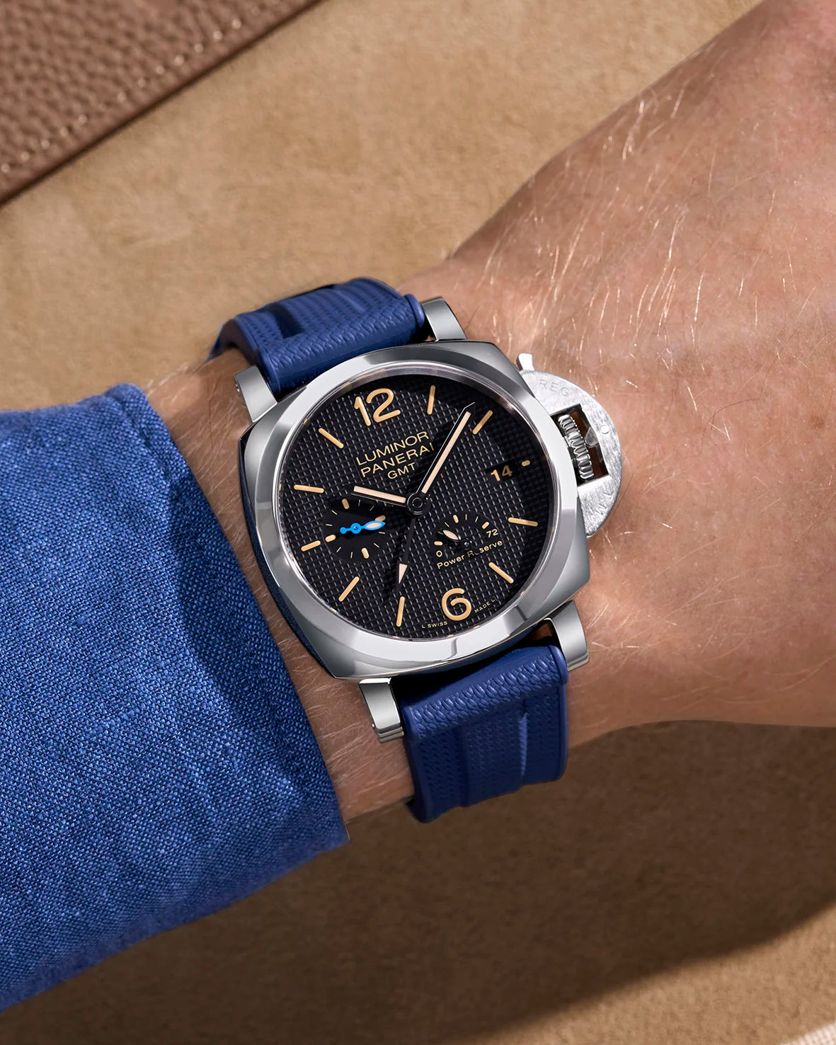Wrist shot showing Navy Blue Vertech FKM rubber strap on Panerai Luminor GMT