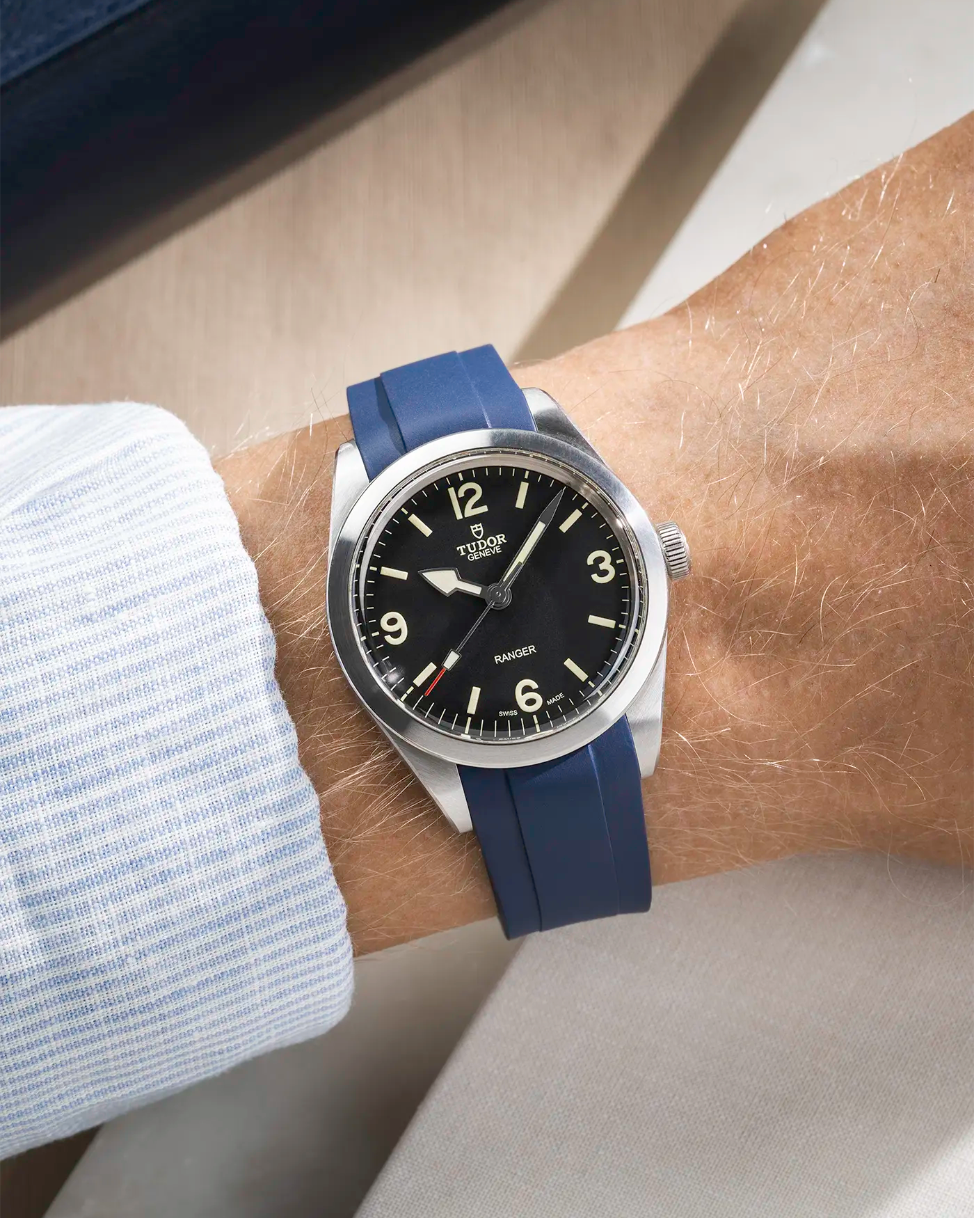 Navy blue Rubber Strap for Tudor Ranger 39mm wrist shot with the watch