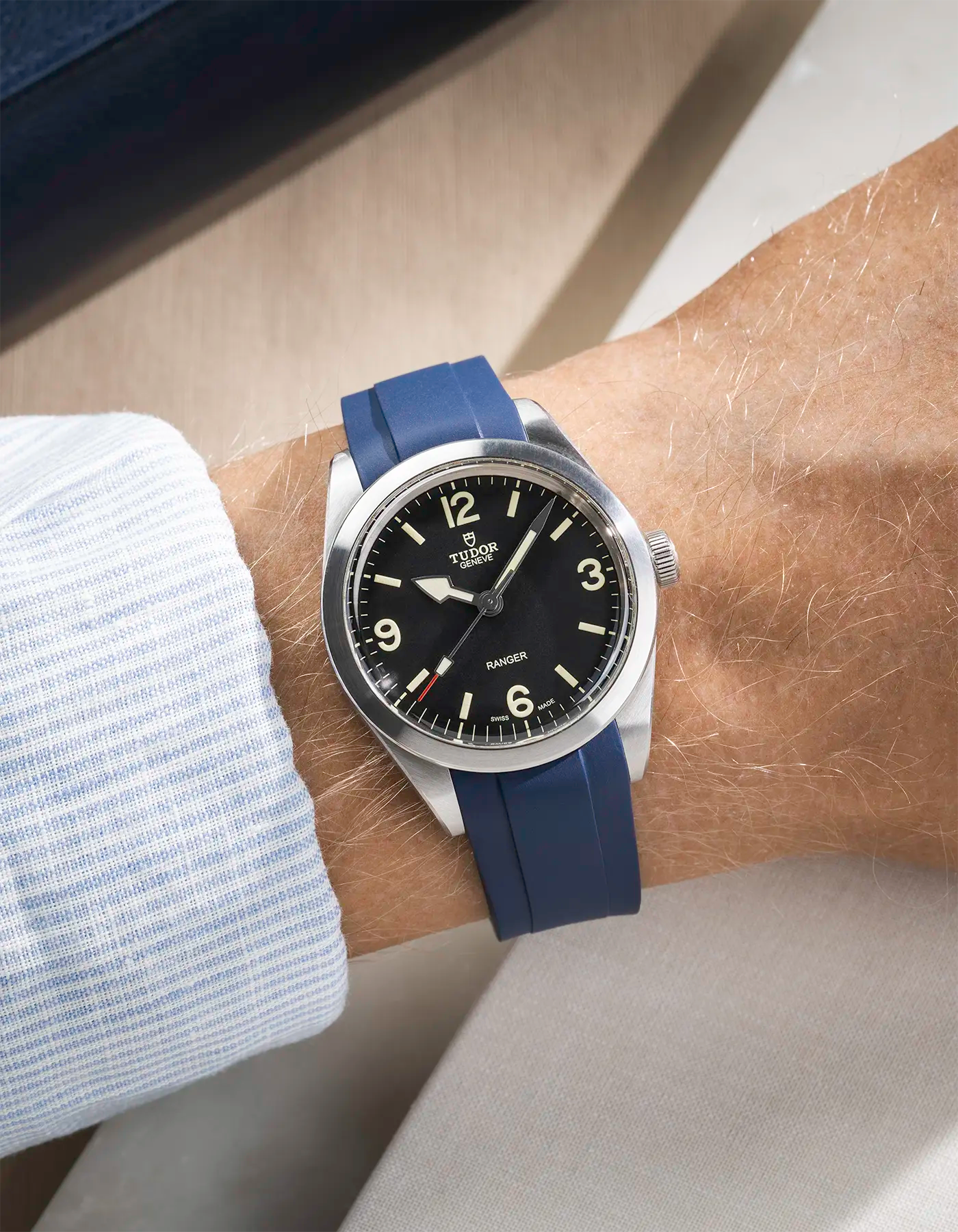 Navy blue Rubber Strap for Tudor Ranger 39mm wrist shot with the watch
