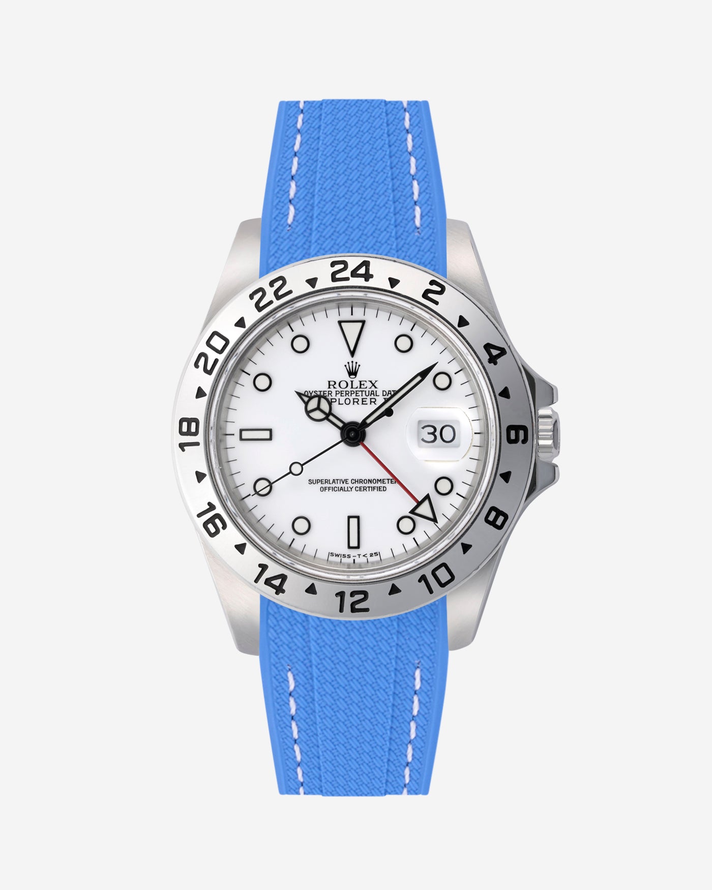 Rolex Explorer 16570 watch with white dial and on a neptune blue vertech rubber watch strap with gray background