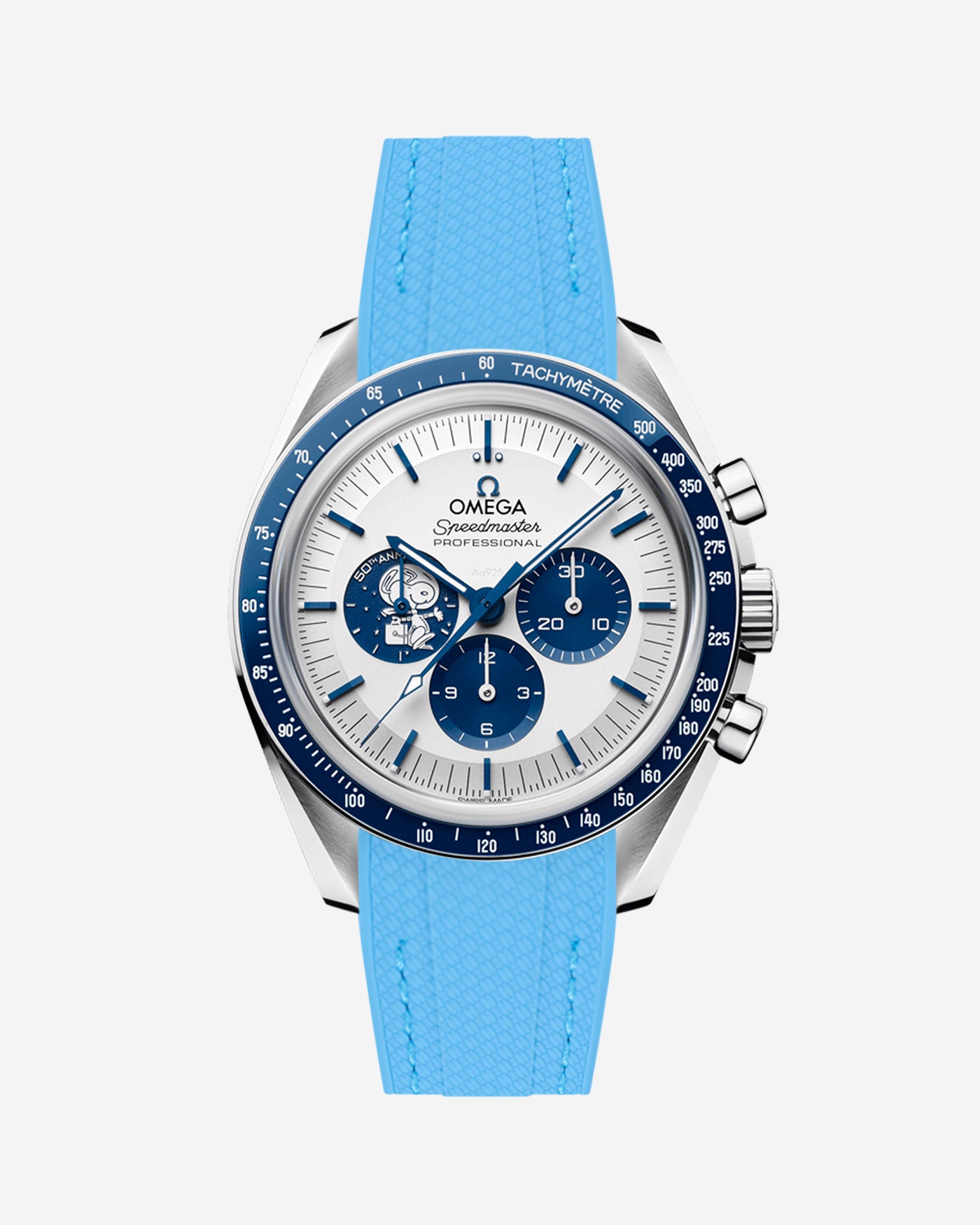 Omega Speedmaster Silver Snoopy Award fitted with Capri blue vertech rubber strap – front-facing product photo on white background by Wristbuddys