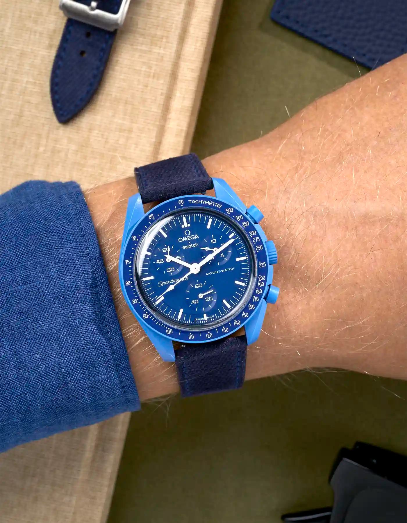 Dark Blue Denim Strap on Omega x Swatch Mission to Neptune – Wrist Shot in Natural Light