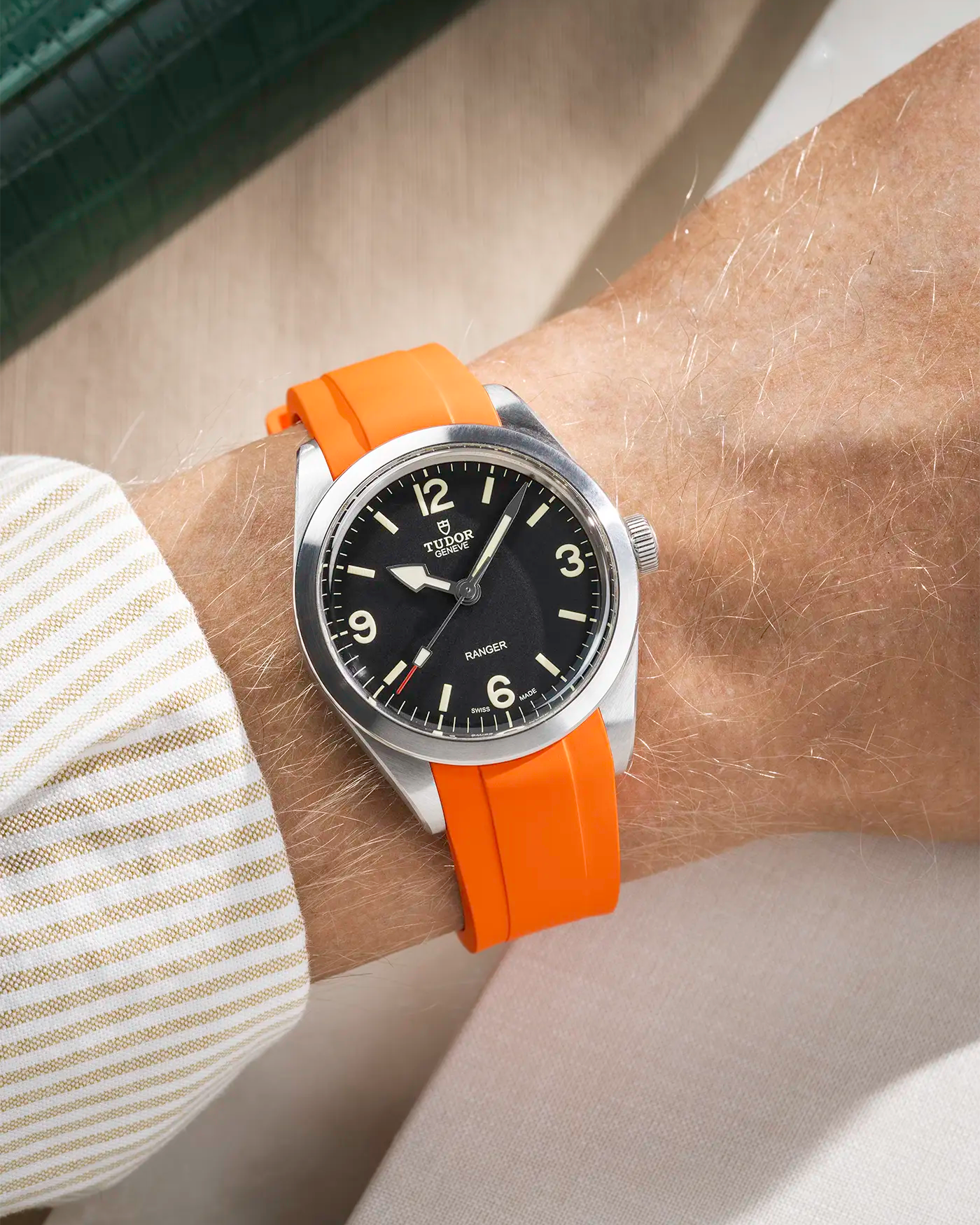 Wrist shot on Rubber Strap for Tudor Ranger 39mm in orange color