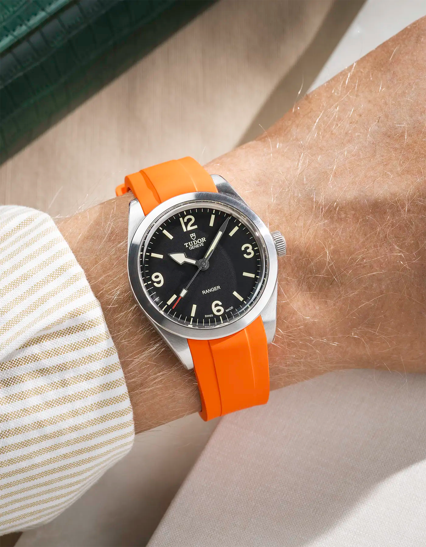 Wrist shot on Rubber Strap for Tudor Ranger 39mm in orange color