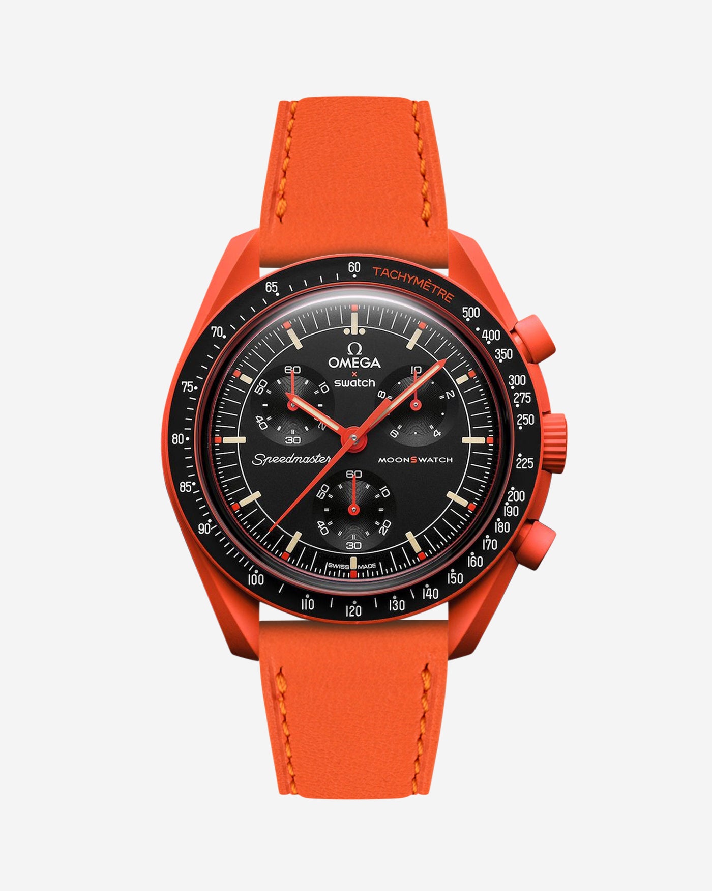Orange Cowhide leather strap on Omega x Swatch Mission on Earth lava watch