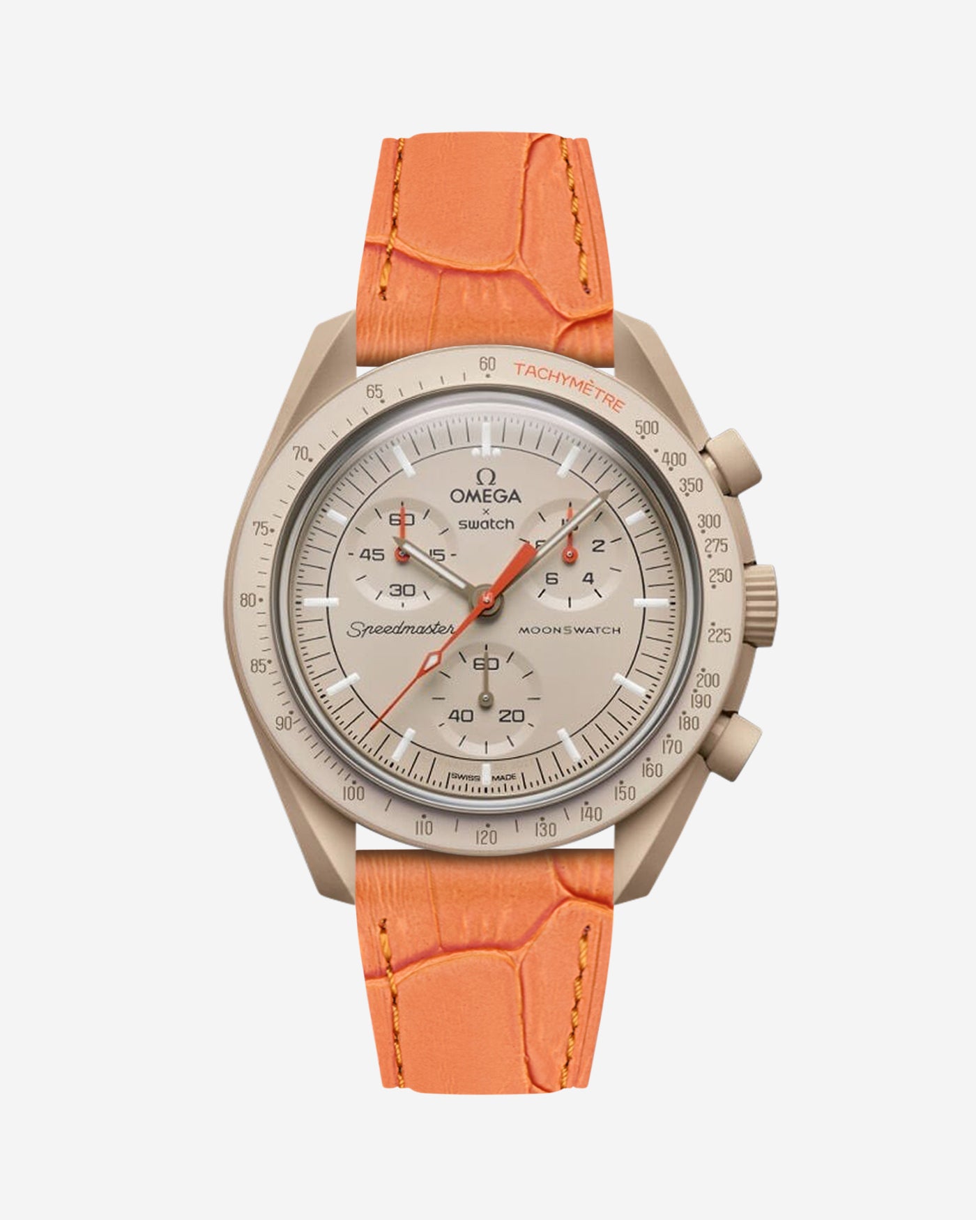 Orange embossed alligator leather strap on Omega X Swatch MoonSwatch Mission to Jupiter