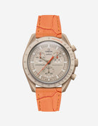 Orange embossed alligator leather strap on Omega X Swatch MoonSwatch Mission to Jupiter