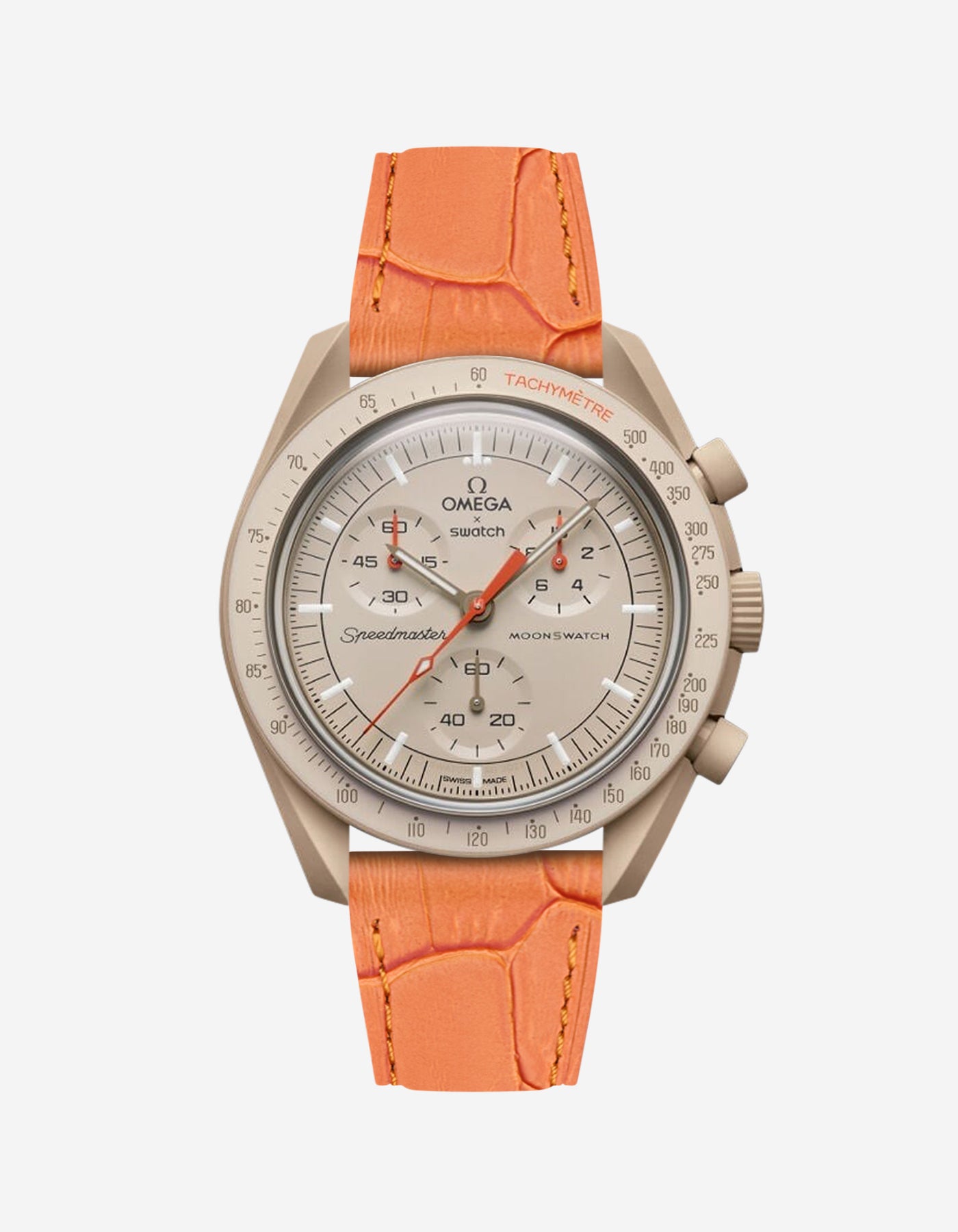 Orange embossed alligator leather strap on Omega X Swatch MoonSwatch Mission to Jupiter