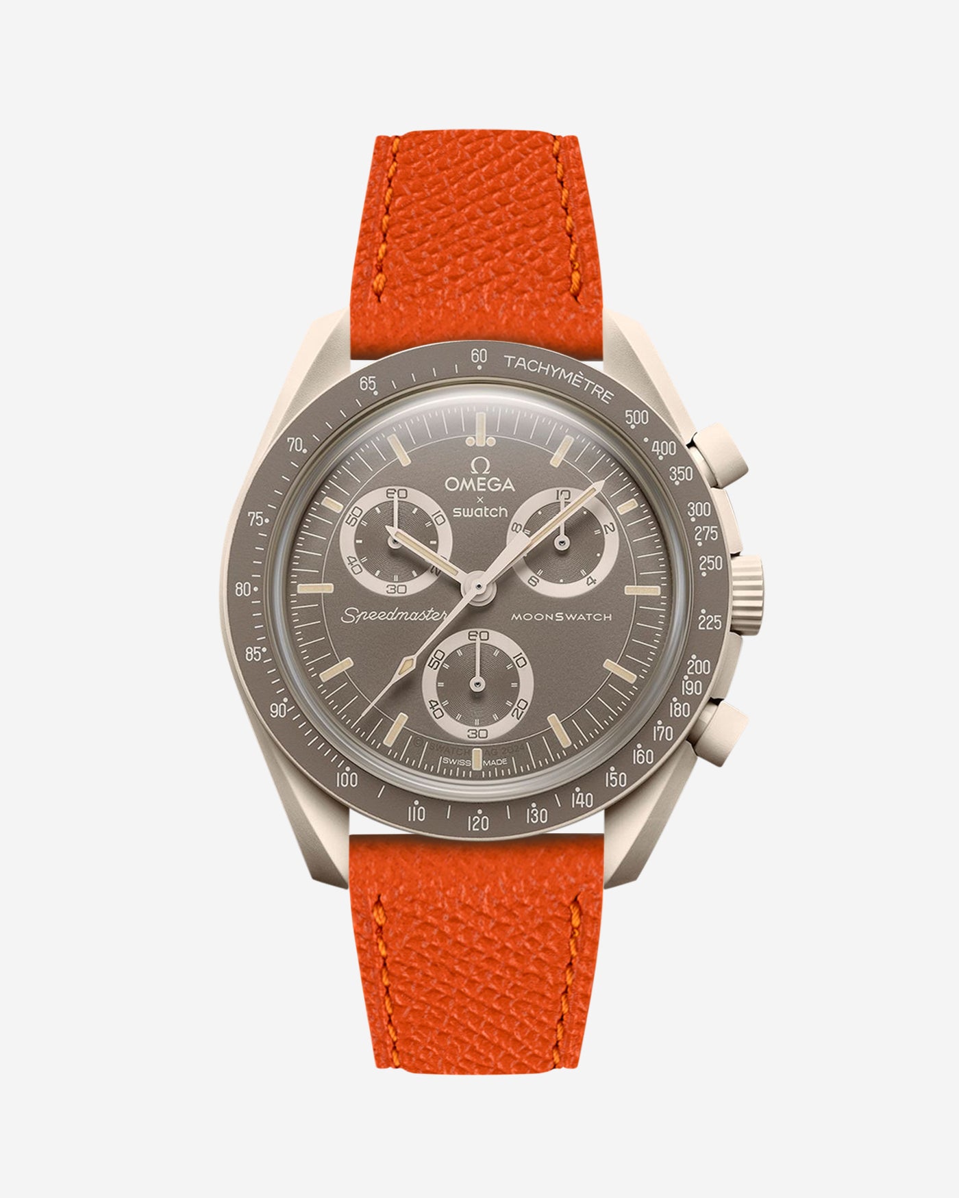 Omega X Swatch Mission on Earth – Desert with Orange Epsom leather strap mounted – front view