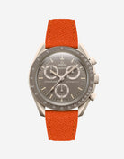 Omega X Swatch Mission on Earth – Desert with Orange Epsom leather strap mounted – front view