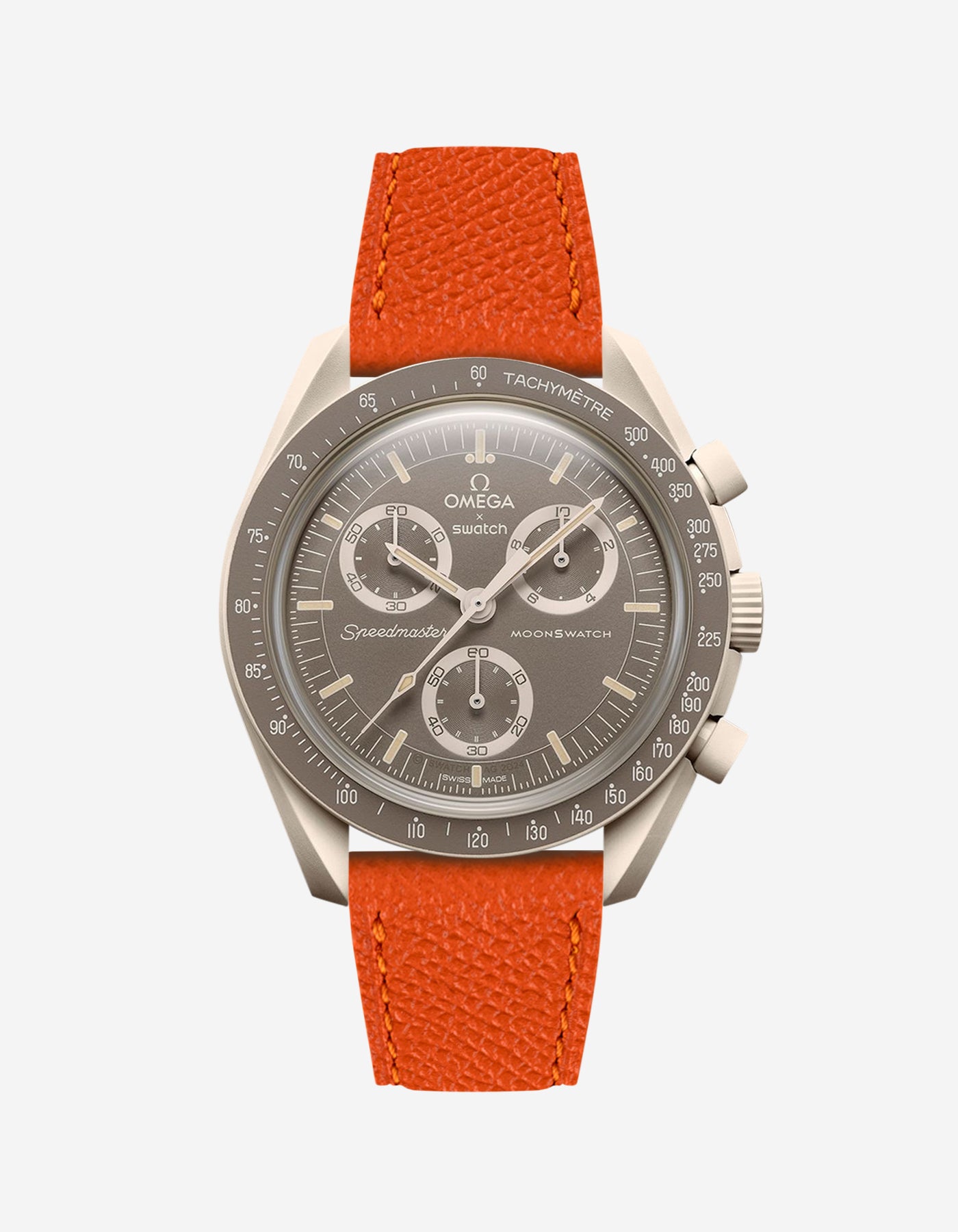 Omega X Swatch Mission on Earth – Desert with Orange Epsom leather strap mounted – front view