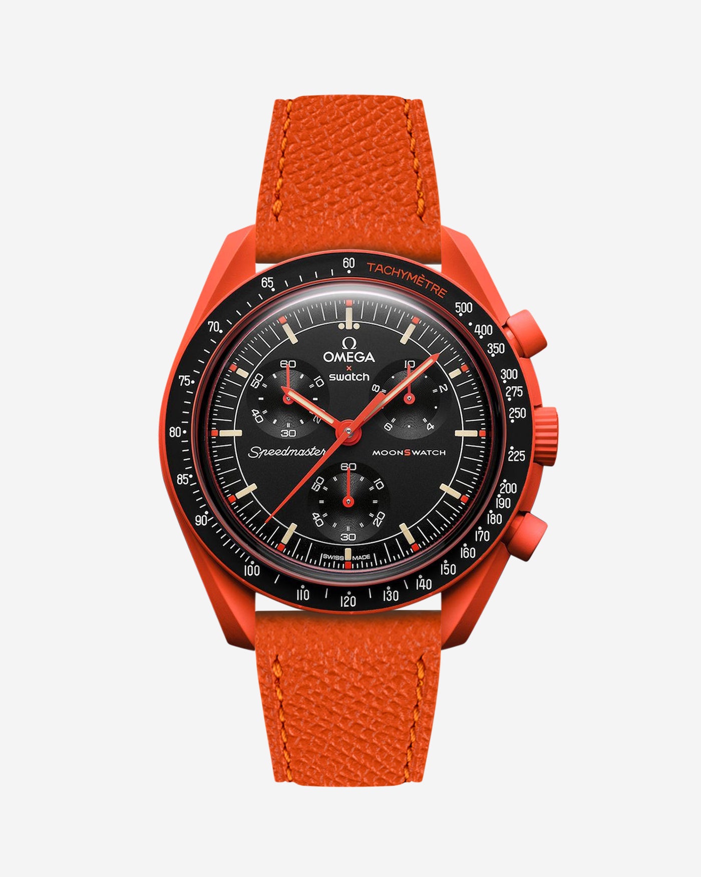 Orange Epsom leather strap on Omega x Swatch Mission on Earth lava watch