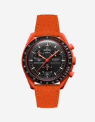 Orange Epsom leather strap on Omega x Swatch Mission on Earth lava watch