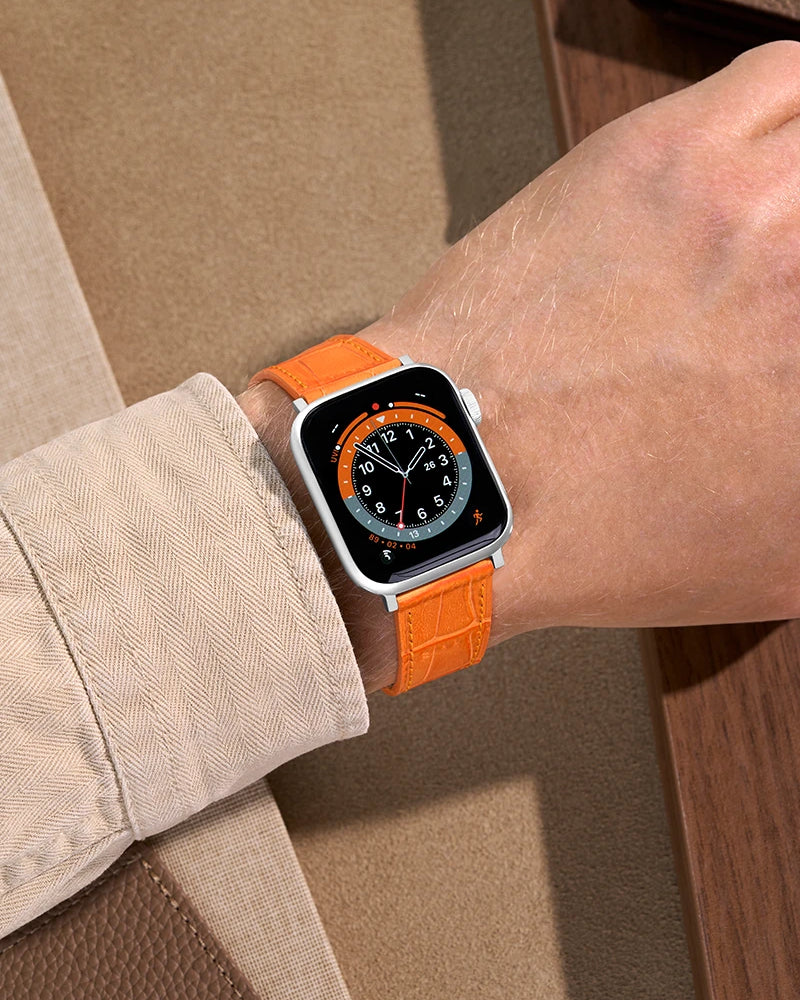 Wrist shot on Orange Embossed Alligator Leather Apple Watch Band