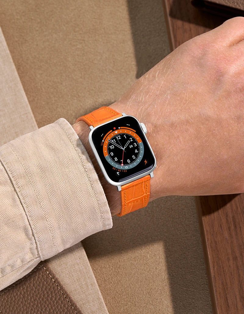 Wrist shot on Orange Embossed Alligator Leather Apple Watch Band