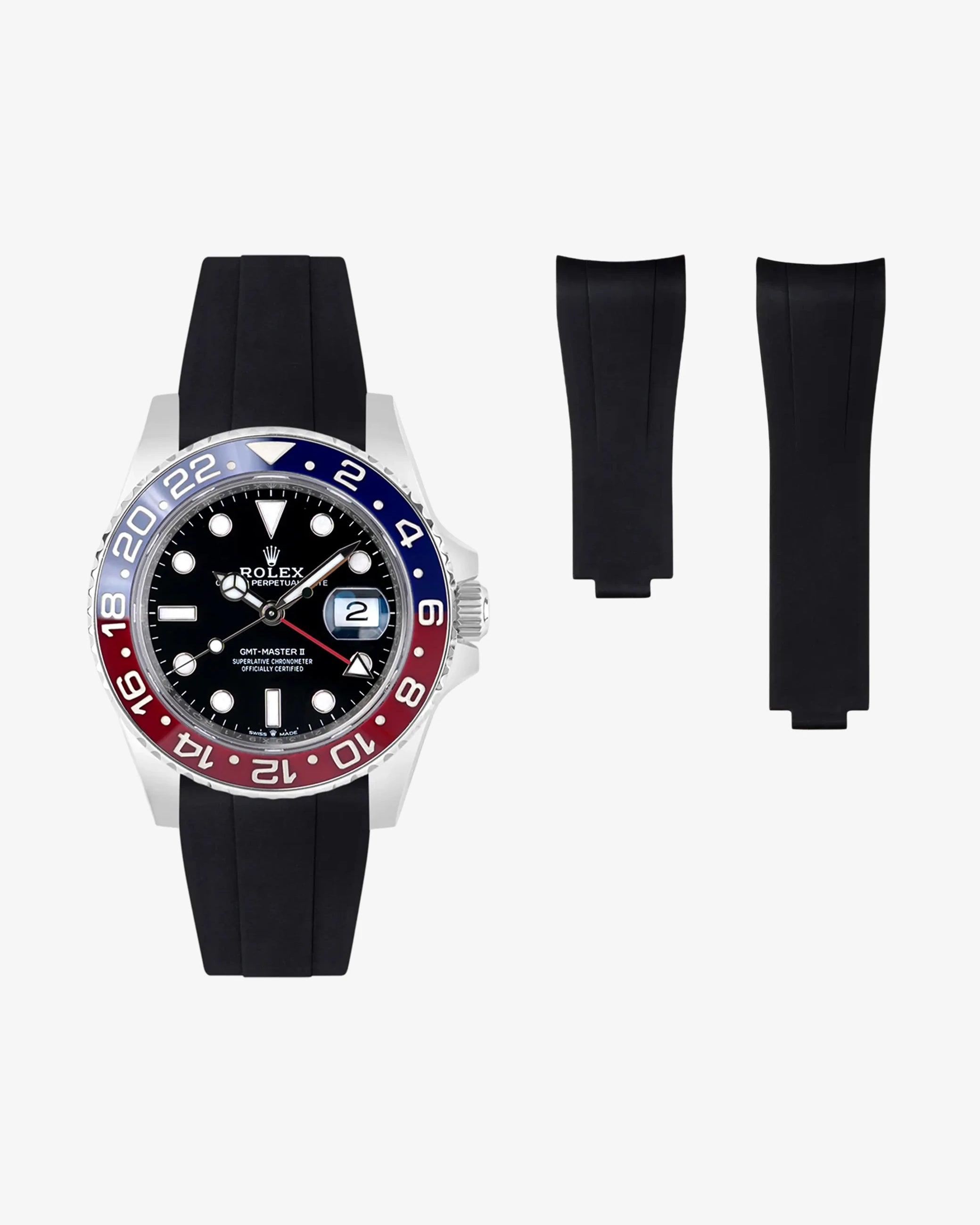 Black FKM rubber strap integrated with original clasp, shown on a Rolex GMT Master II 126710 Pepsi with Oyster case.