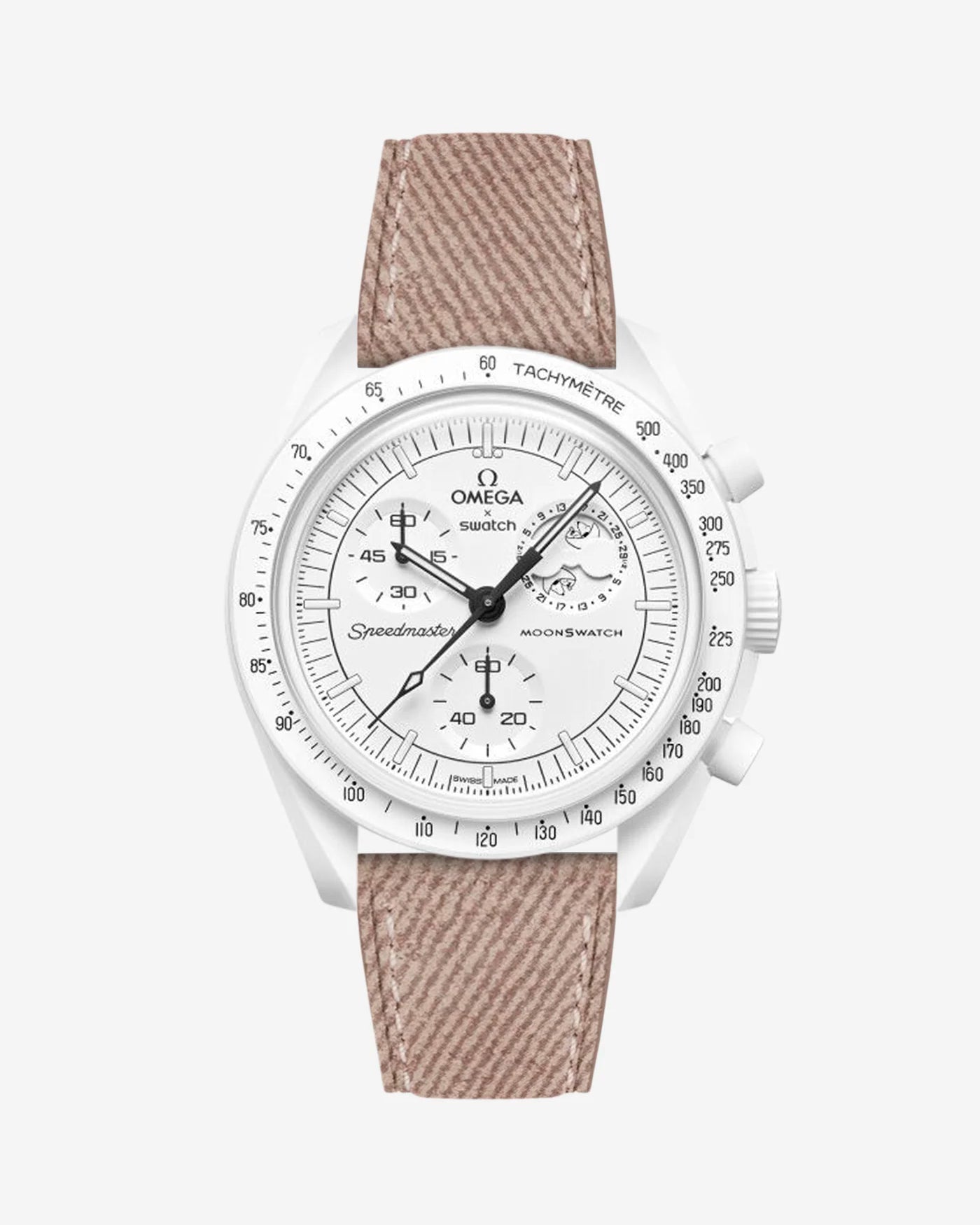 Pink Denim leather strap mounted on Omega x Swatch MoonSwatch Mission to the Full Moonphase watch – product image