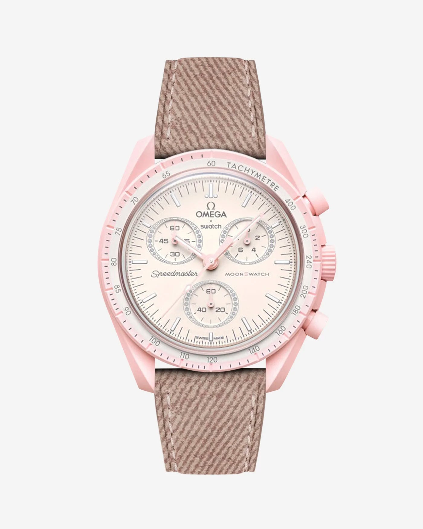 Pink denim strap mounted on Omega X Swatch MoonSwatch Mission to Venus