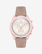 Pink denim strap mounted on Omega X Swatch MoonSwatch Mission to Venus