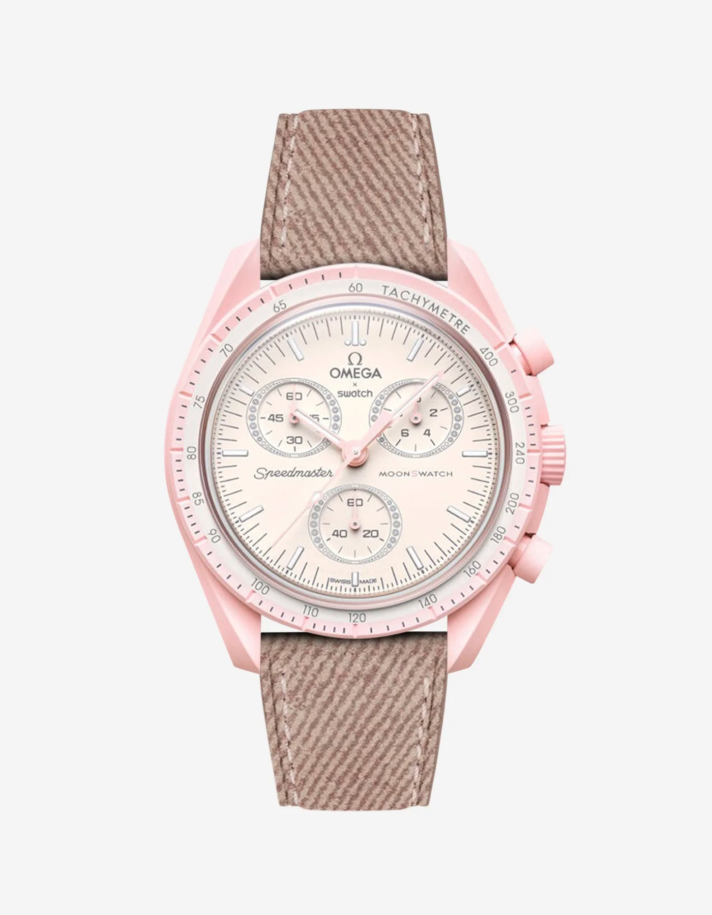 Pink denim strap mounted on Omega X Swatch MoonSwatch Mission to Venus