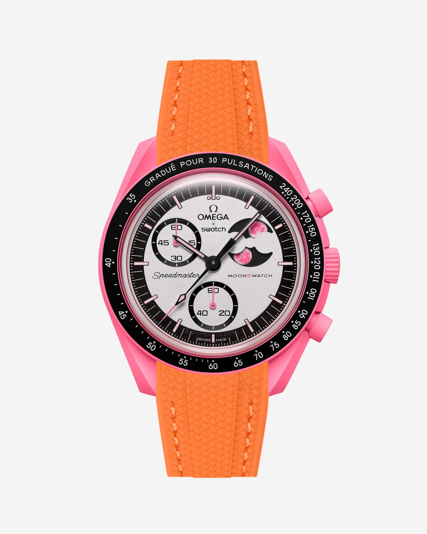 Orange rubber watch strap installed on Omega x Swatch MoonSwatch Mission to the Pink Moonphase