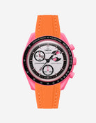 Orange rubber watch strap installed on Omega x Swatch MoonSwatch Mission to the Pink Moonphase