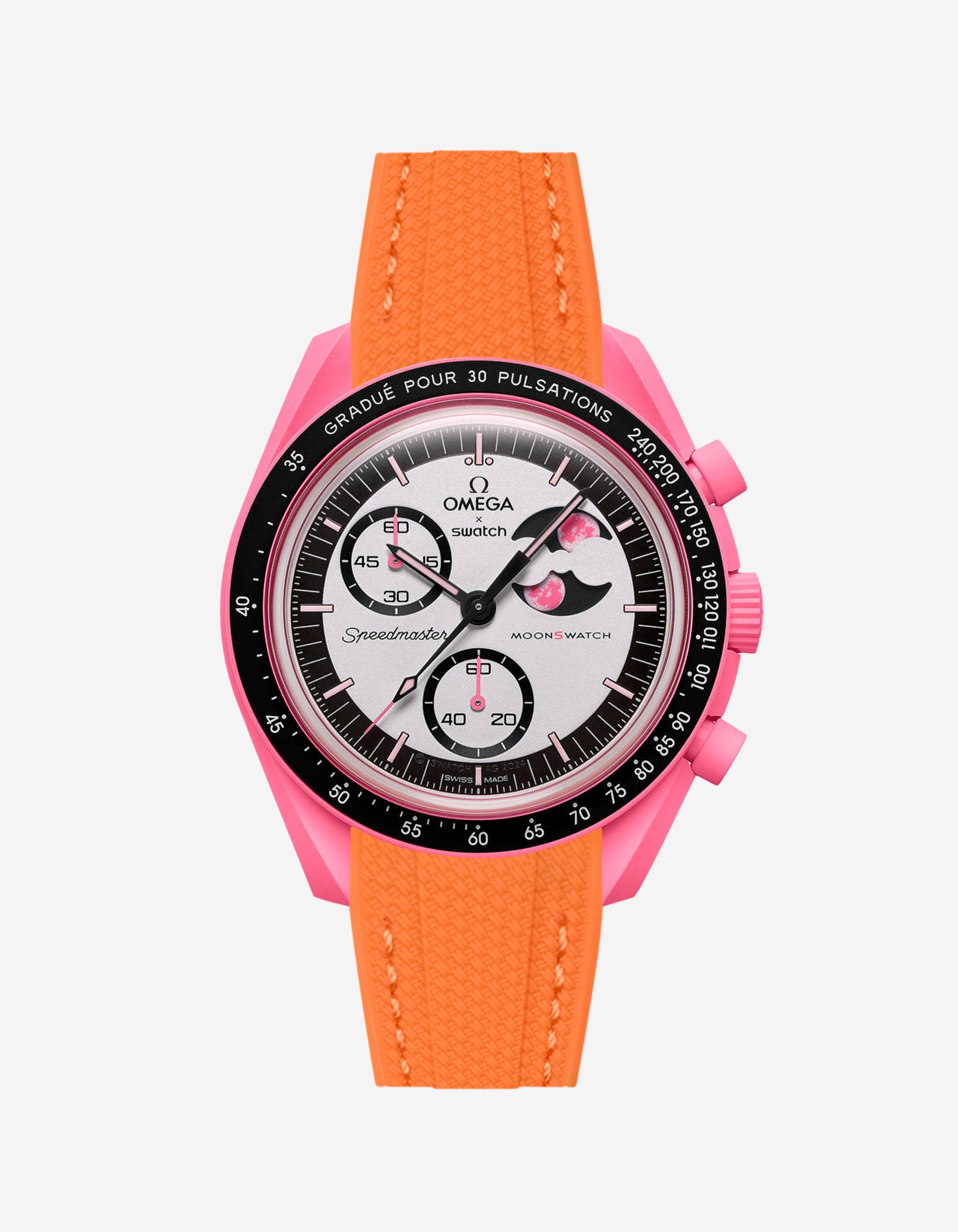 Orange rubber watch strap installed on Omega x Swatch MoonSwatch Mission to the Pink Moonphase