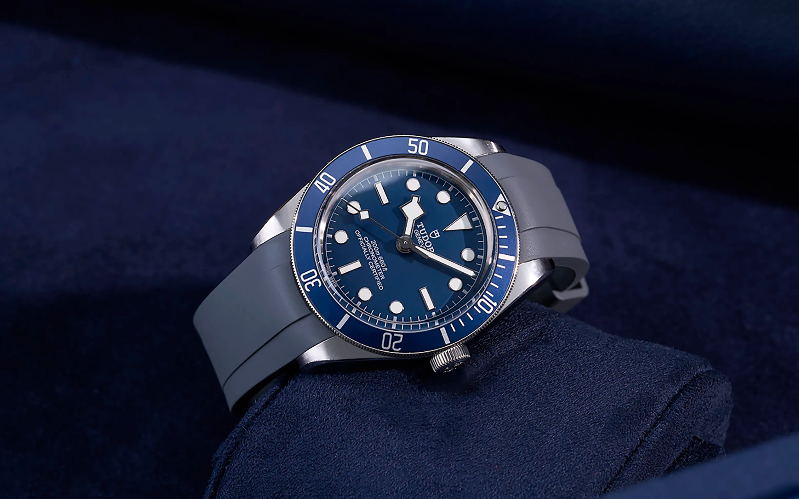 Rubber strap compatible with Tudor watches – shown on Tudor Black Bay Fifty-Eight Navy Blue with blue dial and bezel