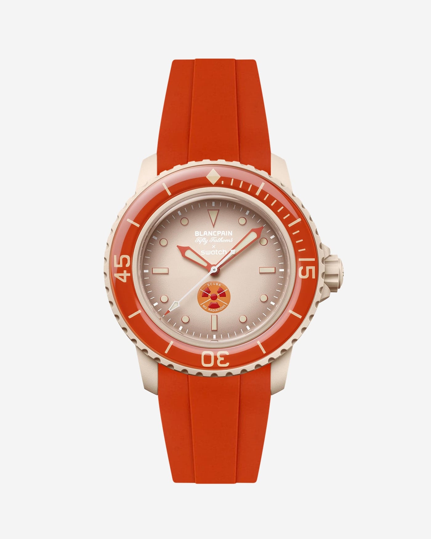 Blancpain Swatch Arctic Ocean watch shown with arctic red rubber strap attached