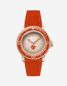 Blancpain Swatch Arctic Ocean watch shown with arctic red rubber strap attached