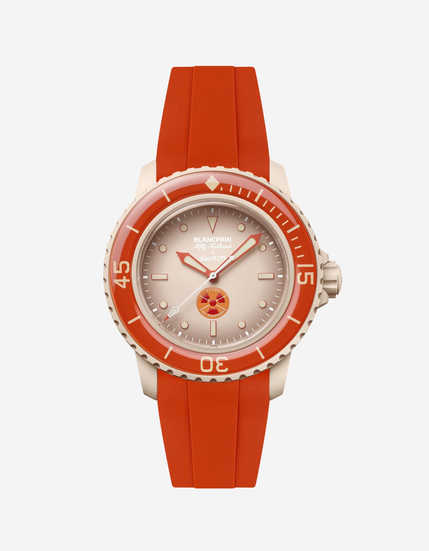 Blancpain Swatch Arctic Ocean watch shown with arctic red rubber strap attached