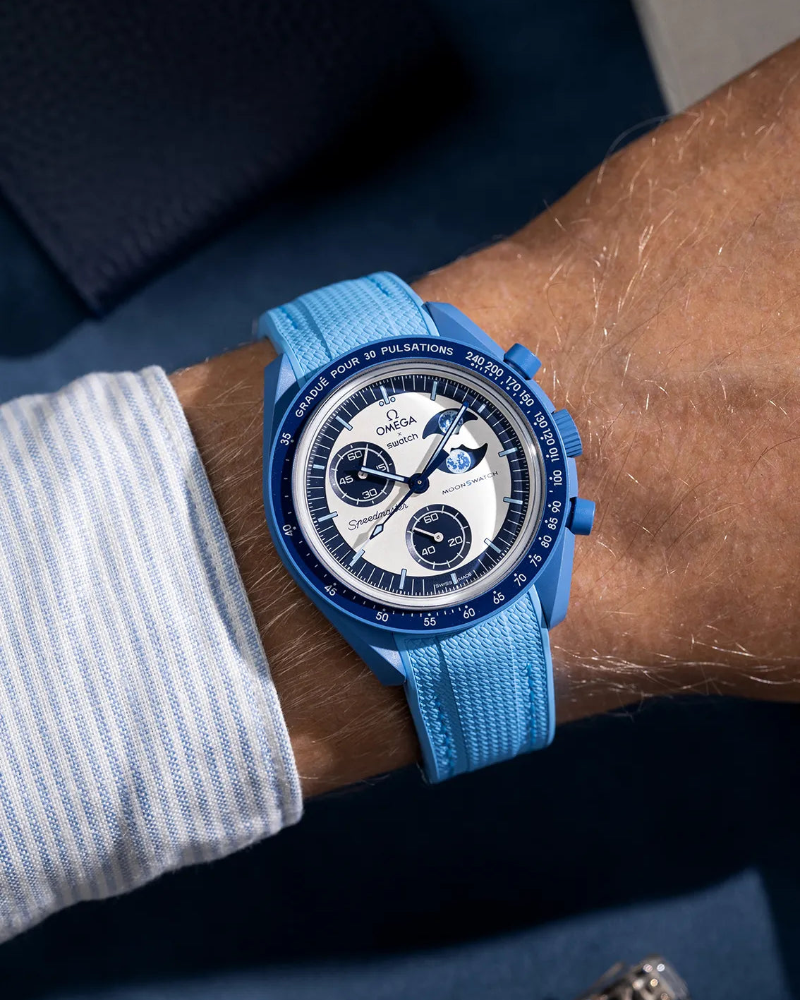Curved vertech rubber strap for MoonSwatch in Capri Blue, photographed on the Omega x Swatch Mission to the Super Blue Moonphase wrist shot