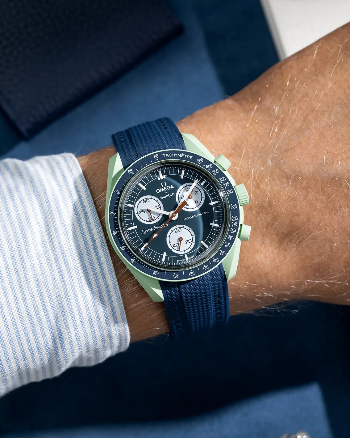 Blue rubber strap for MoonSwatch – photographed on Omega X Swatch Mission on Earth wrist shot