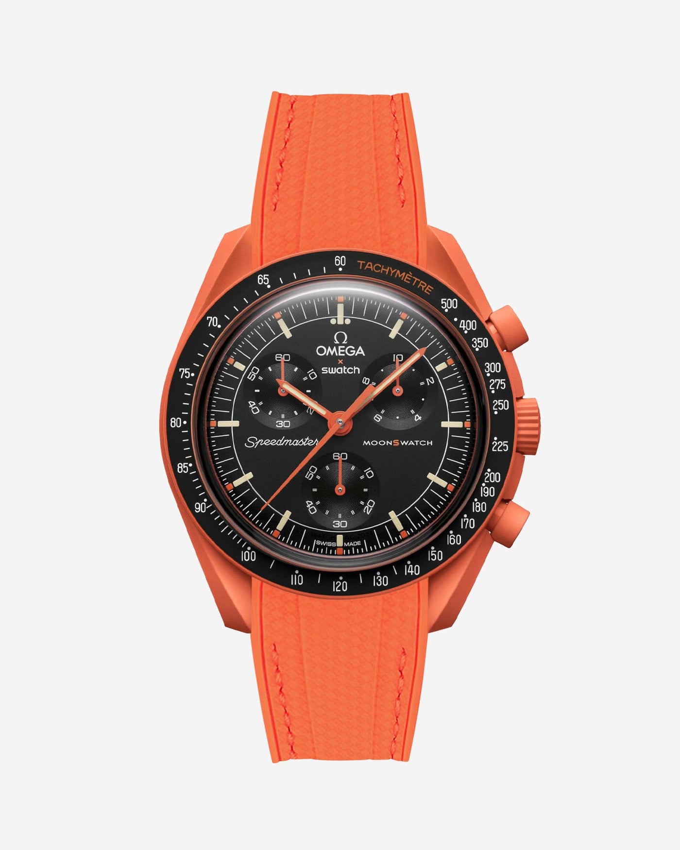 Orange Rubber strap for Omega X Swatch MoonSwatch Mission On Earth Lava , attached to the watch