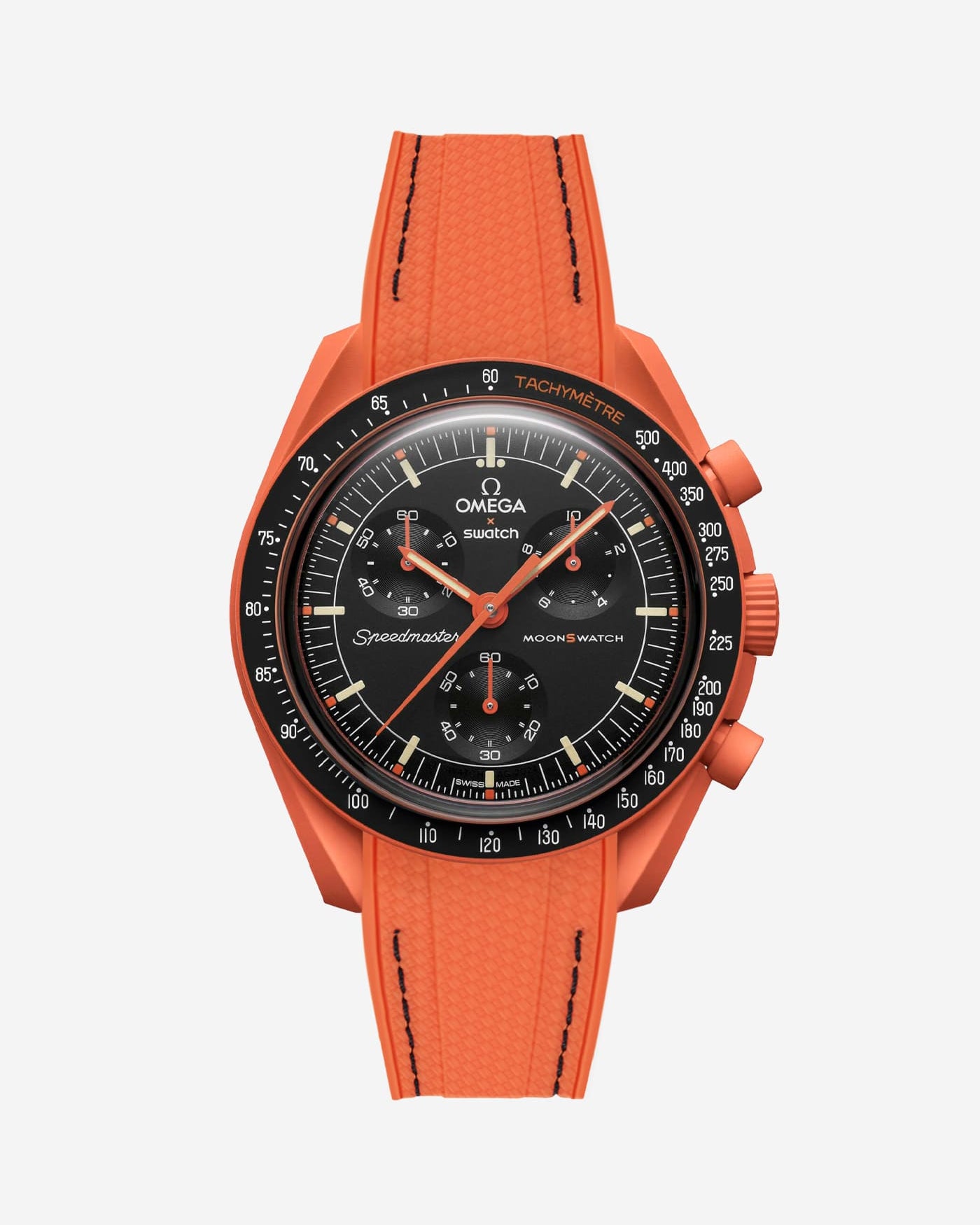 Orange Rubber strap for Omega X Swatch MoonSwatch Mission On Earth Lava with Black Stitches , attached to the watch