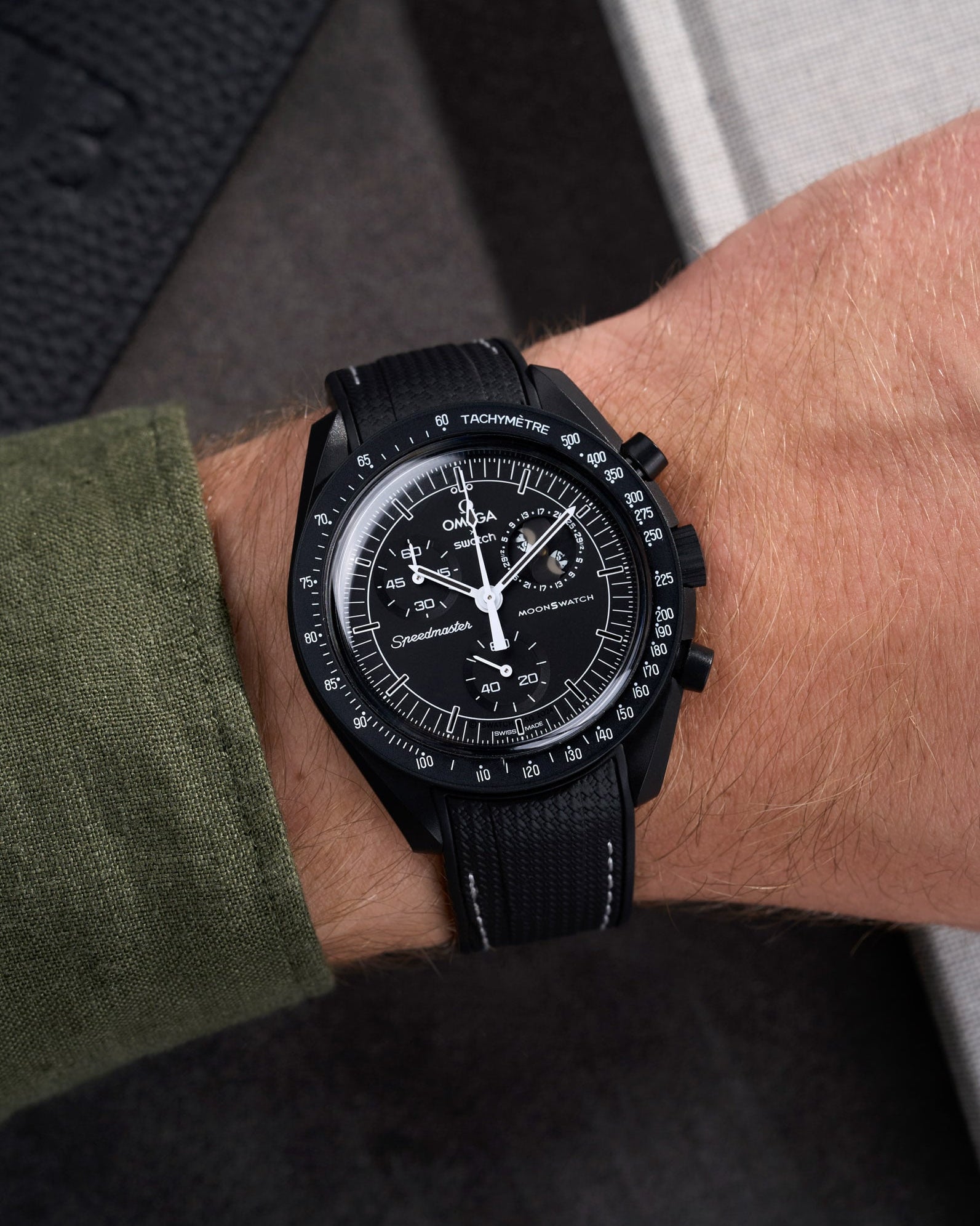 Omega X Swatch MoonSwatch Mission to the moonphase new moon full moon Moonwatch Speedmaster Professional Wristbuddys Wristbuddy Klockarmband klockband rubberstrap rubber strap straps for Mission to Mercury, mission to moon, moonswatches best rubber intergrated mission to moon mercury intergrated uhrenband bracelet Urrem bracelet de montre cinturino per orologio cinturino dell'orologio horlogeband correa de reloj Uhrenarmband Uhrarmband black schwartz svart negro new moonswatch