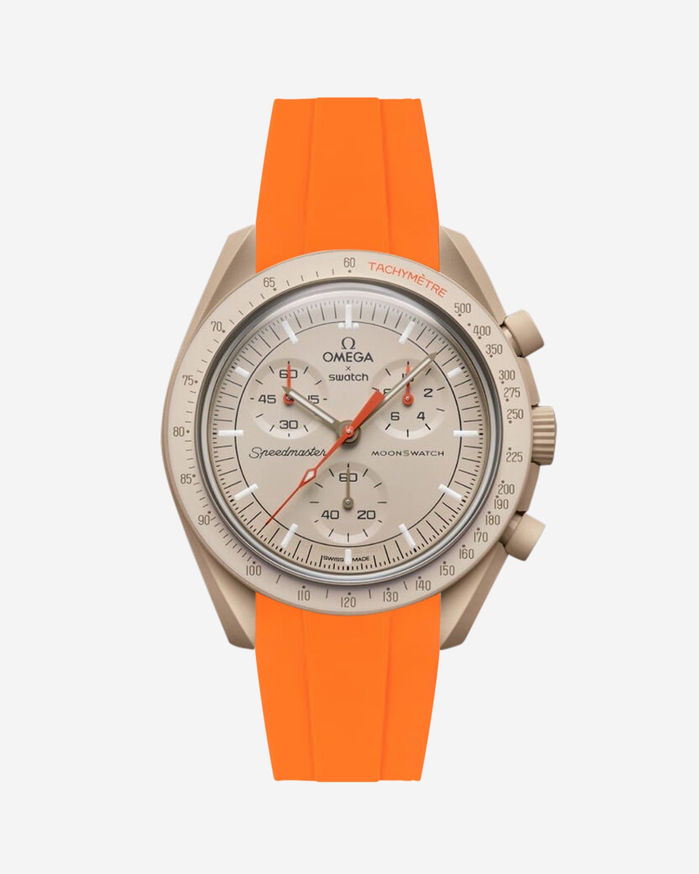 Omega X Swatch MoonSwatch watch with orange strap on a white background