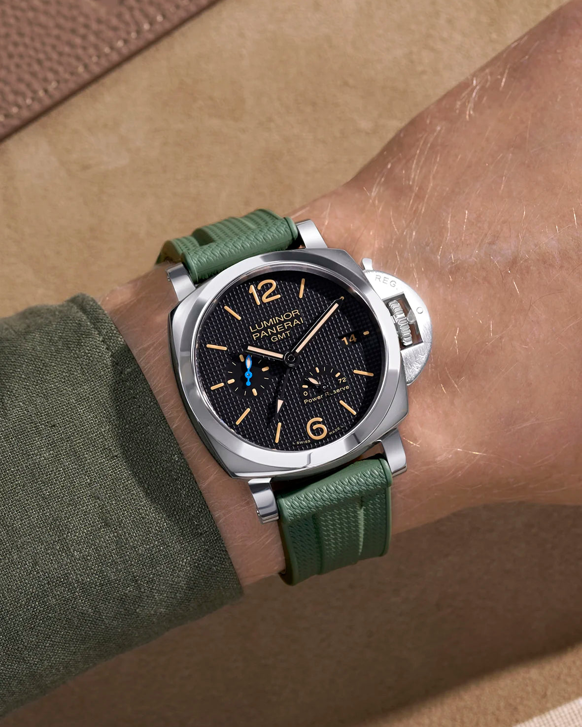 Wrist shot of military green Vertech rubber strap on Panerai Luminor GMT – structured fit for Luminor models