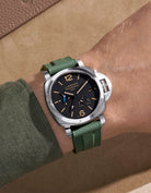 Wrist shot of military green Vertech rubber strap on Panerai Luminor GMT – structured fit for Luminor models