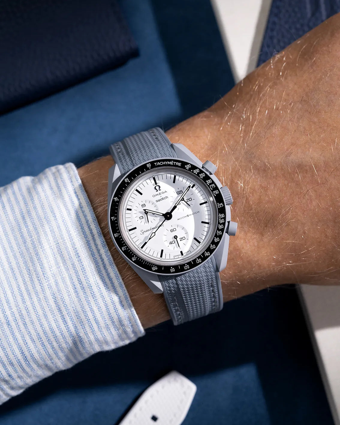 Curved Vertech rubber strap for MoonSwatch photographed on Omega X Swatch Mission to the Moon 1965