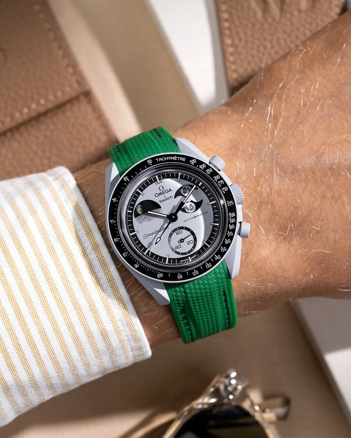 Vertech rubber strap for MoonSwatch – wrist shot on Mission to the EarthPhase with green curved strap