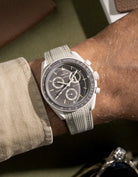 Rubber strap for MoonSwatch Mission on Earth Desert – beige curved-end band shown on watch