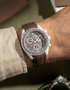 Rubber strap for MoonSwatch Mission on Earth Desert – brown curved-end band shown on watch