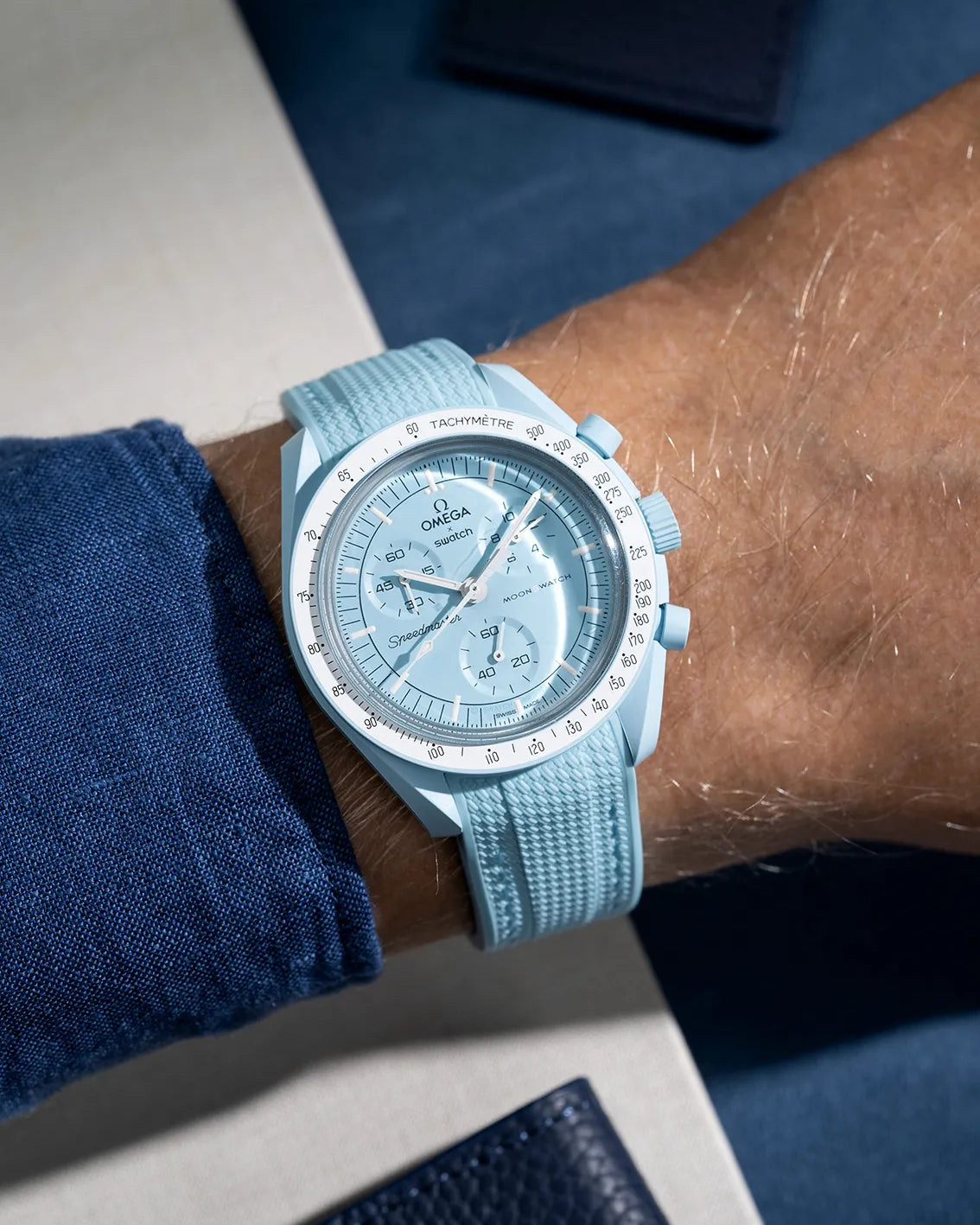 Turquoise Curved Vertech rubber strap for MoonSwatch Mission to Uranus – wrist shot