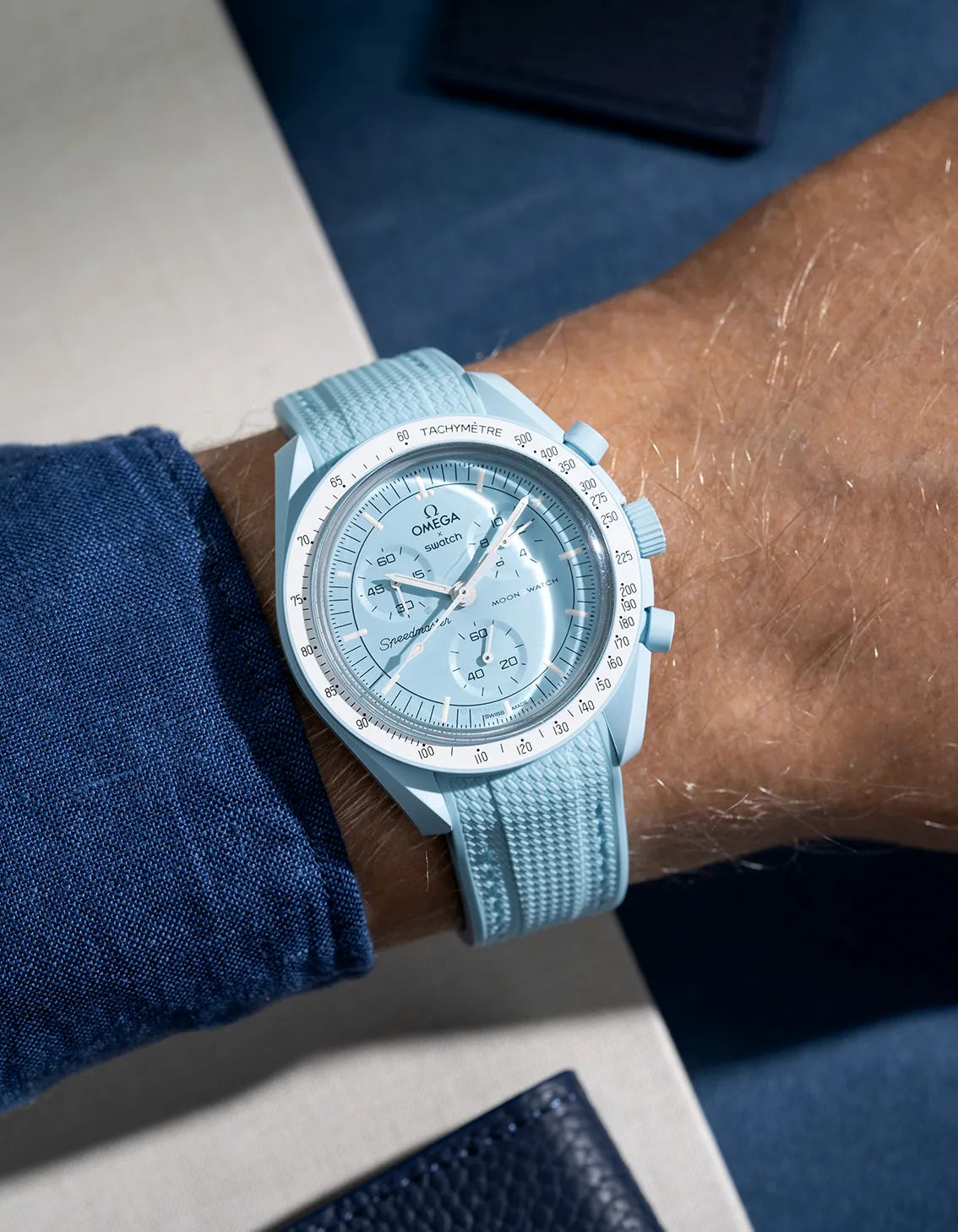 Turquoise Curved Vertech rubber strap for MoonSwatch Mission to Uranus – wrist shot